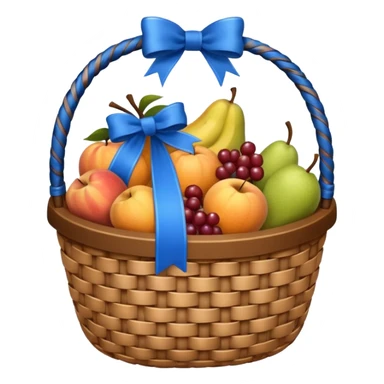 A basket with a blue ribbon on the handle sticker