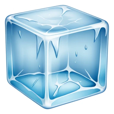 A single transparent ice cube on a clean white background, with realistic reflections and refractions. The ice cube has visible cracks and textures inside, slightly melting on the surface. Studio lighting, high detail, macro photography style. sticker