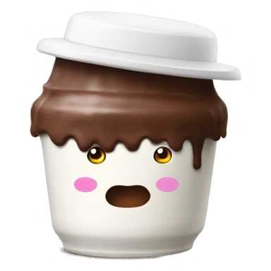 A chocolate yoghurt pot like danette with legs and arms that are white, and a funny hat sticker