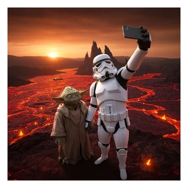 Camera POV, Starwars stormtroopers vlogging selfie, he is walking on lava planet with yoda sticker