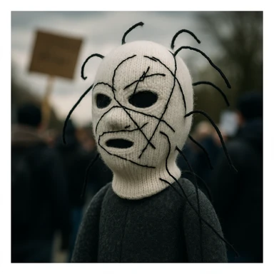 The mask is a full-head, white knitted balaclava with a tight ribbed texture. It features two asymmetrical eye openings and a partially exposed mouth area. Black thread is stitched across the surface in chaotic, abstract lines that trace facial features, giving a hand-drawn effect. Several black cords extend outward from the mask, varying in length and direction, adding a sculptural, almost organic appearance. The overall look is bold, handcrafted, and visually striking. sticker