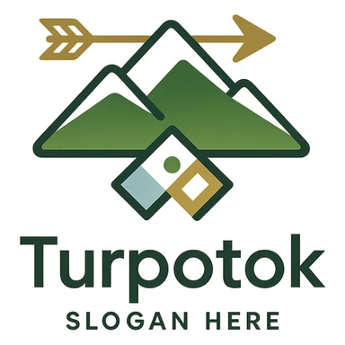 Modern minimalist logo for Turpotok with a stylized Kurai arrow, Ural Mountains silhouette, and subtle Bashkir ornamentation. Text 'Turpotok' in a modern sans-serif font with optional slogan. Color palette reflecting Bashkir culture and natural beauty sticker