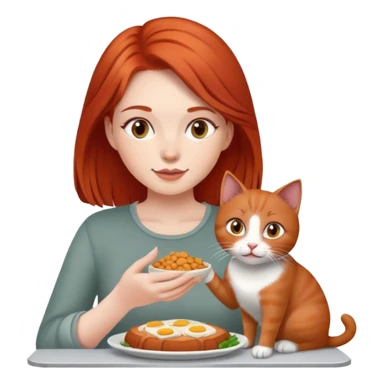Red haired Woman sharing food with 1 grey cat sticker