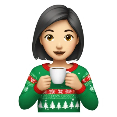 asian girl drinking coffee wearing Christmas sweater sticker