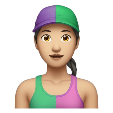 asian woman, green cap backwards, pink and purple singlet sticker
