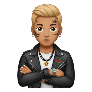 a rockstar wearing necklace, leather jacket, having tattoo sticker