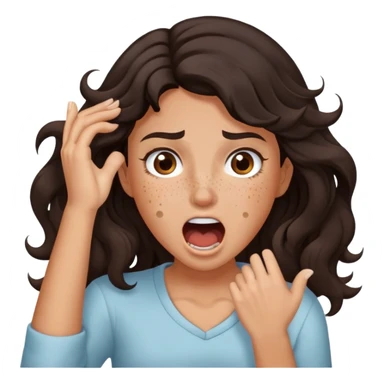 girl very dark brown wavy hair freckles tan skin color brown eyes hands holding neck screaming sticker