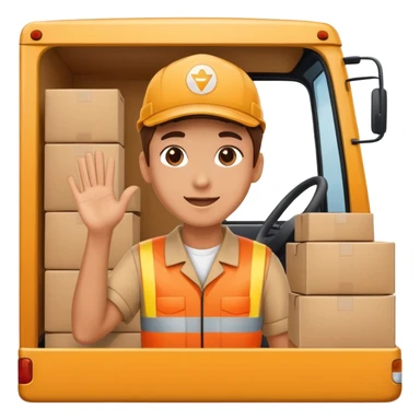 truck with a supplier in work uniform sitting inside, waving hi, lots of packages in the truck sticker