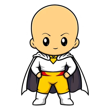 super cute chibi Saitama from One Punch Man with bald head, yellow jumpsuit, white cape and innocent face sticker