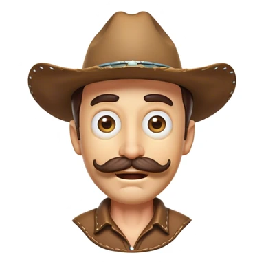 Clash of Clans aesthetic Comical Cowboy Portrait Emoji, Head tilted dramatically with an exaggerated, fun expression and wide, comically expressive eyes, featuring a rugged yet cartoonish build with a playful cowboy hat and quirky mustache, his natural skin tone evident, Simplified yet hilariously expressive features, highly detailed, glowing with a slightly sassy western glow, high shine, dramatic yet playful, stylized with an air of cheeky frontier mischief, soft glowing outline, capturing the essence of a meme-worthy cowboy bringing humor to epic quests! sticker
