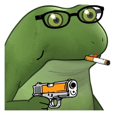 bufo frog meme with a gun, MLG glasses, and a cigarette in his mouth sticker