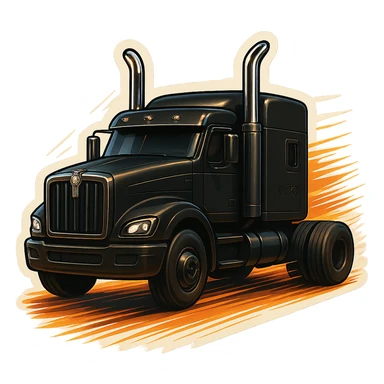 Black Kenworth W680 cartoon truck rolling down the road with motion lines and a fun, dynamic feel, keeping chrome stacks shiny and detailed. sticker