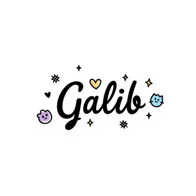 Galib in elegant cursive and bold mix, dreamy purple blue gold gradient, surrounded by sparkles, hearts, stars, and aesthetic emojis, romantic luxurious whimsical nameplate sticker