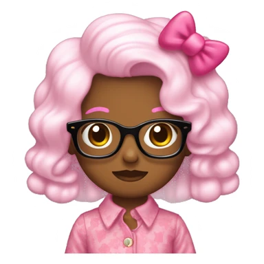 Pelo largo y ondulado,con fleco que tapa as o meno la cara,con lentes rosas y blusa de hello kitty  sticker