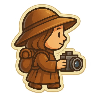 A small, funny medieval pilgrim with a camera, seen from the side (profile view), in retro stickers style, with a transparent background. sticker