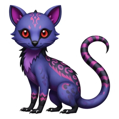 Rare warm-colored exotic gloomy tropical edgy cute epic aesthetic spooky indigo violet white black red gothic colorful Salandit-Noibat-Civet-species-Fakemon-hybrid-creature, with tribal tattoo markings, full body sticker