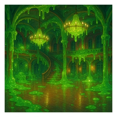 a ghibli-inspired dance hall with a whimsical, slimy atmosphere and glowing green ooze sticker