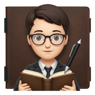 writer holding big pen and book, wearing glasses , zoom out sticker