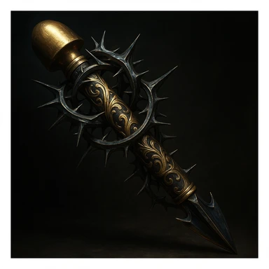 A fantasy-style arrow with a blunt, rounded golden tip, ornate gold filigree along the shaft, encircled by sharp metallic thorns. Hyper-detailed, metallic shine, dark cinematic background. sticker