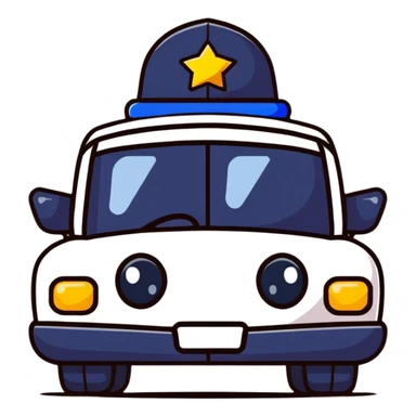 A cartoon police car character with a cute face, flashing lights and a small badge sticker