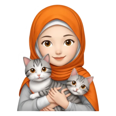 Asian White girl wearing orange hijab and white dress holding a black grey tabby cat while smiling.  sticker