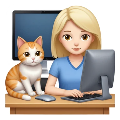 A girl is working in front of a computer, and a cat is lying next to the computer sticker