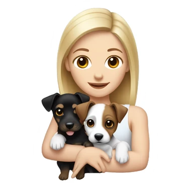 Blonde woman holding a black brown and white jack russell terrier puppy sticker