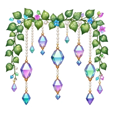 Exotic romantic Few cute tiny Iridescent glistening glossy sparkly shiny glittery hanging crystals pearls and beads and gemstones scenery scenic decorations with ivy and flowers sticker