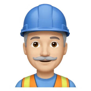 A man emoji with light skin, wearing a blue construction helmet, short gray hair on the sides, straight eyebrows, brown eyes, a small nose, and a thin gray mustache above his smiling mouth. sticker