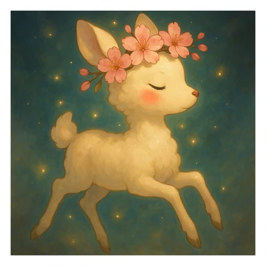Enhance this feminine adult vanilla cloud doe with rosy cheeks and cherry flowers, floating gracefully in a dreamy Ghibli style. Make the colors richer, the lines softer, and the cherry flowers more detailed. Add a magical glow and elegant highlights, keeping the look whimsical, refined, and enchanting. sticker