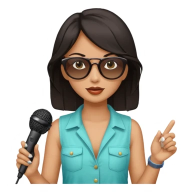 dark long haired woman with summer clothes and sun glasses holding microphone sticker