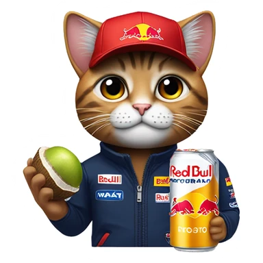 cat wearing a max verstappen formula 1 red bull racing cap and holding a coconut redbull can   sticker