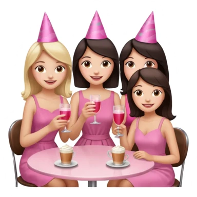 Девушка со светлыми волосами сидит в кафе весёлая с подружками у которых темные волосы в розовом платье они в праздничных колпаках и у них бокалы в руках sticker