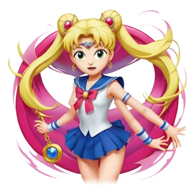 Icon for Anime: vibrant, dynamic scene with characters of Bishoujo Senshi Sailor Moon in action, featuring exaggerated expressions and colorful backgrounds. The design should reflect the distinct, energetic style of anime, with iconic eyes and unique visual elements. Transparent background. sticker