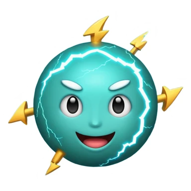 Uranus emoji in Apple style, blue-green planet with rings, big excited playful face taking up most of the planet, surrounded by bold lightning bolts, radiating chaotic electric energy sticker