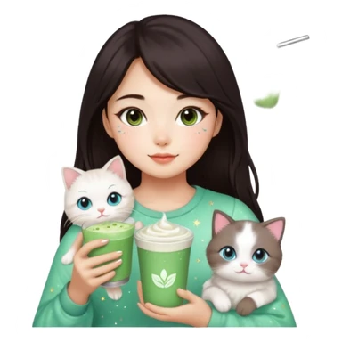 asian girl with shoart dark brown hair with a soft girl glowup aesthetic. matcha latte sparkles girly things, 2 ragdoll cats, skincare, makeup sticker