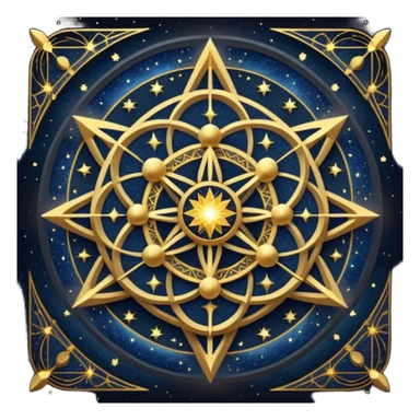 Создай изображение на основе этого промпта: sacred geometry. golden intricate patterns. glowing lines. cosmic dust. deep dark blue background. starry night sky. ethereal light. highly detailed. sharp focus. digital art. high resolution. sticker