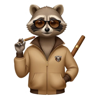 friendly anthropomorphised raccoon in a Sopranos-style mafia tracksuit, wearing dark sunglasses, holding a cigar, relaxed pose sticker