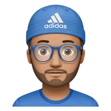איש בן שלושים ושמונה עם משקפיים מרובעות חולצה כחולה עם סמל של אדידס וכיפה sticker