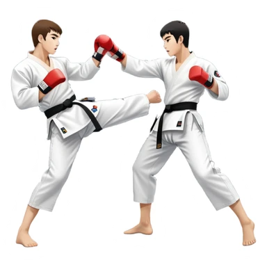 Two taekwondo fighters in traditional white doboks with black belts compete in a dynamic match. One executes a high spinning kick, while the other blocks skillfully. The background features a professional arena with bright lights and spectators. Transparent background. sticker