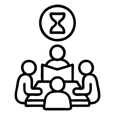 minimalist outlined icon of players and a game master collaborating, with a clock or hourglass representing a multi-day marathon, worn and distressed effect sticker