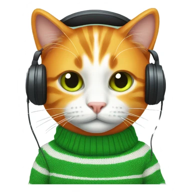 Orange cat wearing green and white stipe sweater and headphones sticker