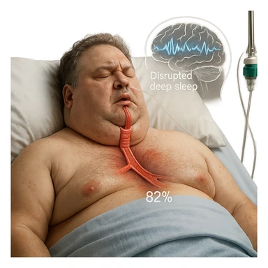 hyper-realistic medical CGI of overweight man in hospital bed, airway compressed by neck fat, trachea walls red, oxygen at 82%, brain scan overlay with disrupted deep sleep, 4K, clinical sticker