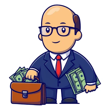 businessman in suit and glasses with an open briefcase full of dollar bills sticker