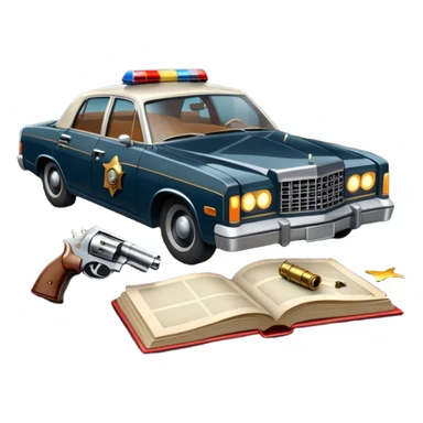 Icon for Action & Crime Reading: an open book with dramatic crime scenes—bullet holes on pages, a detective badge, a revolver and a getaway car. Surrounding elements include a flickering streetlight. Transparent background. sticker