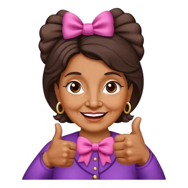 old Latina lady wearing a bow with a  thumb up  sticker