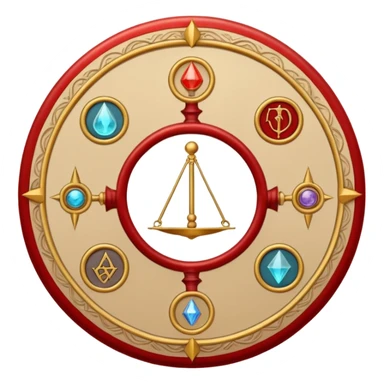 A circular casting sigil inspired by the Wizard101 Balance School, featuring ancient alchemical and arcane motifs. The base color is sand, with red trim accents. At the center is a golden balance scale as the primary focal symbol. sticker