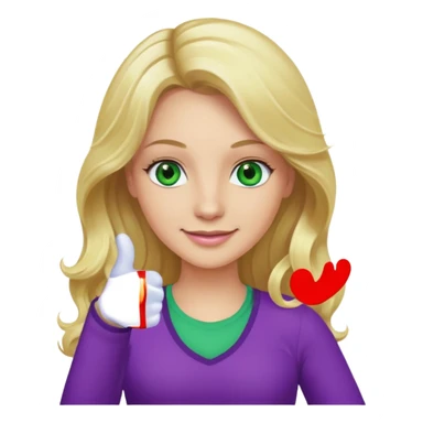 lady with long wavy blonde hair, purple top, green eyes, thumbs up sticker