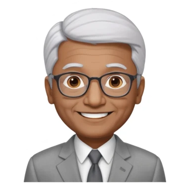 60 yr old indian man, short straight white hair brushed foreward , light grey business suit, big smile, dark brown skin, no moustache, dark brown eyes, glasses
 sticker
