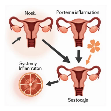 realistic medical diagram showing connection between endometrial inflammation and systemic inflammation, arrows, symbols, warm colors, educational style, white background sticker
